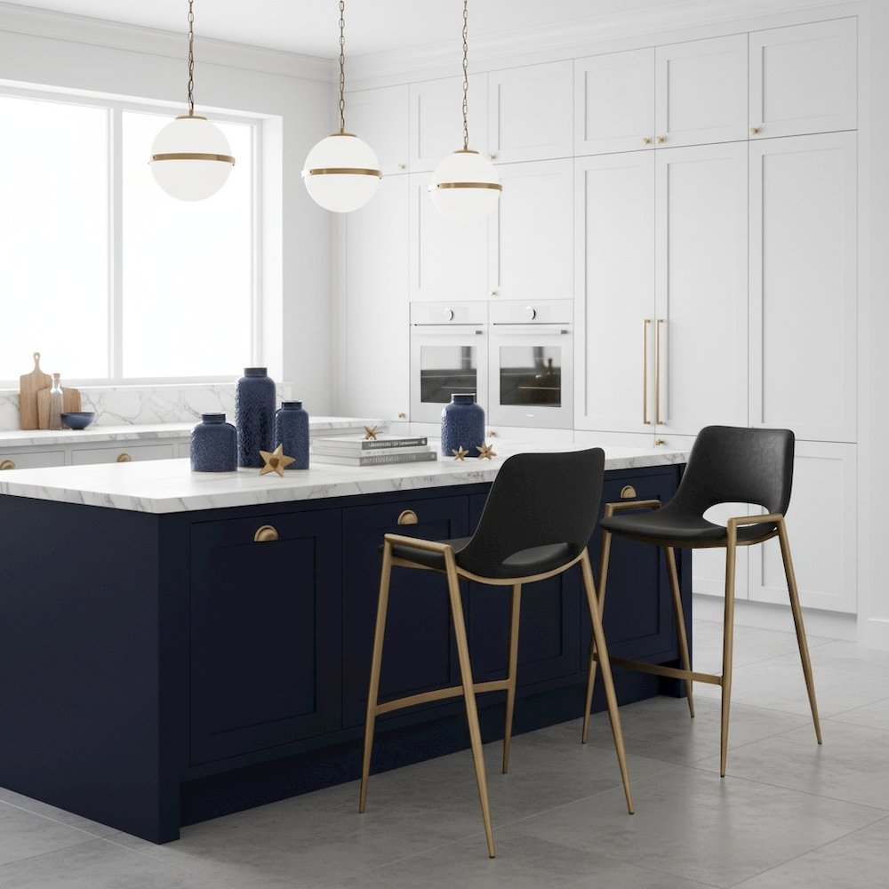 Counter Stools Set of 2, Black Faux Leather, Electroplated Gold Legs