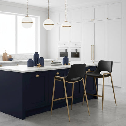 Counter Stools Set of 2, Black Faux Leather, Electroplated Gold Legs