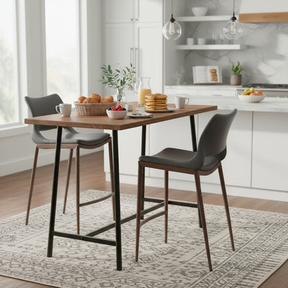 Counter Stools Set of 2, Dark Gray Faux Leather, Faux Wood Steel Legs