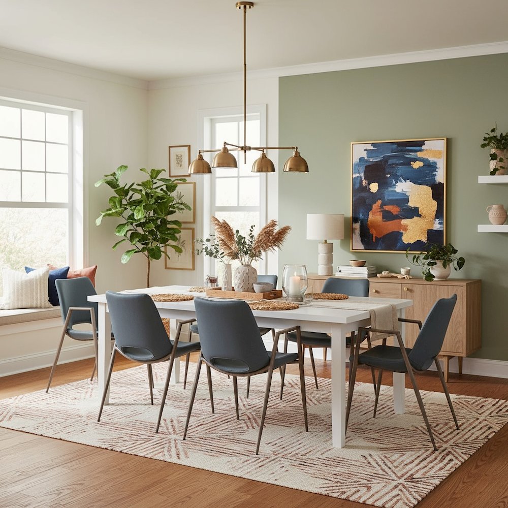 Dining Chairs Set of 2, Azure Gray Faux Leather, Walnut Steel Legs