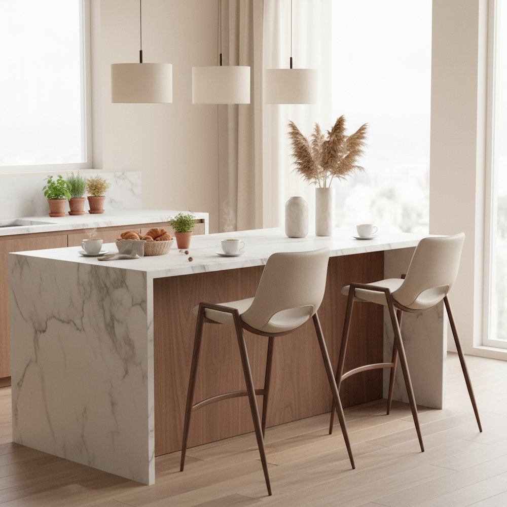 Counter Stools Set of 2, Beige Faux Leather, Faux Wood Steel Legs