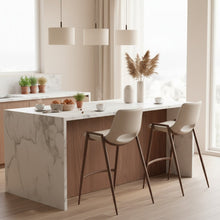 Counter Stools Set of 2, Beige Faux Leather, Faux Wood Steel Legs