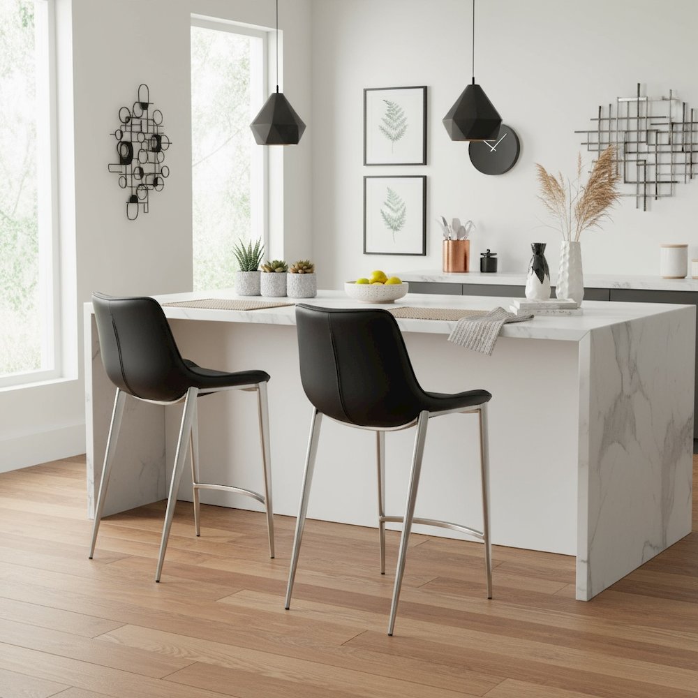 Counter Stools Set of 2, Black Faux Leather, Silver Steel Legs