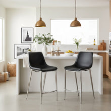 Counter Stools Set of 2, Black Faux Leather, Silver Steel Legs