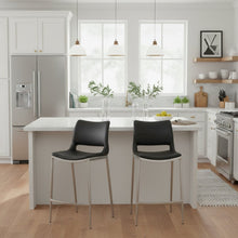 Counter Stools Set of 2, Black Faux Leather, Silver Steel Legs