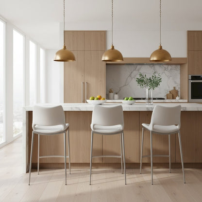 Counter Stools Set of 2, White Faux Leather, Silver Steel Legs