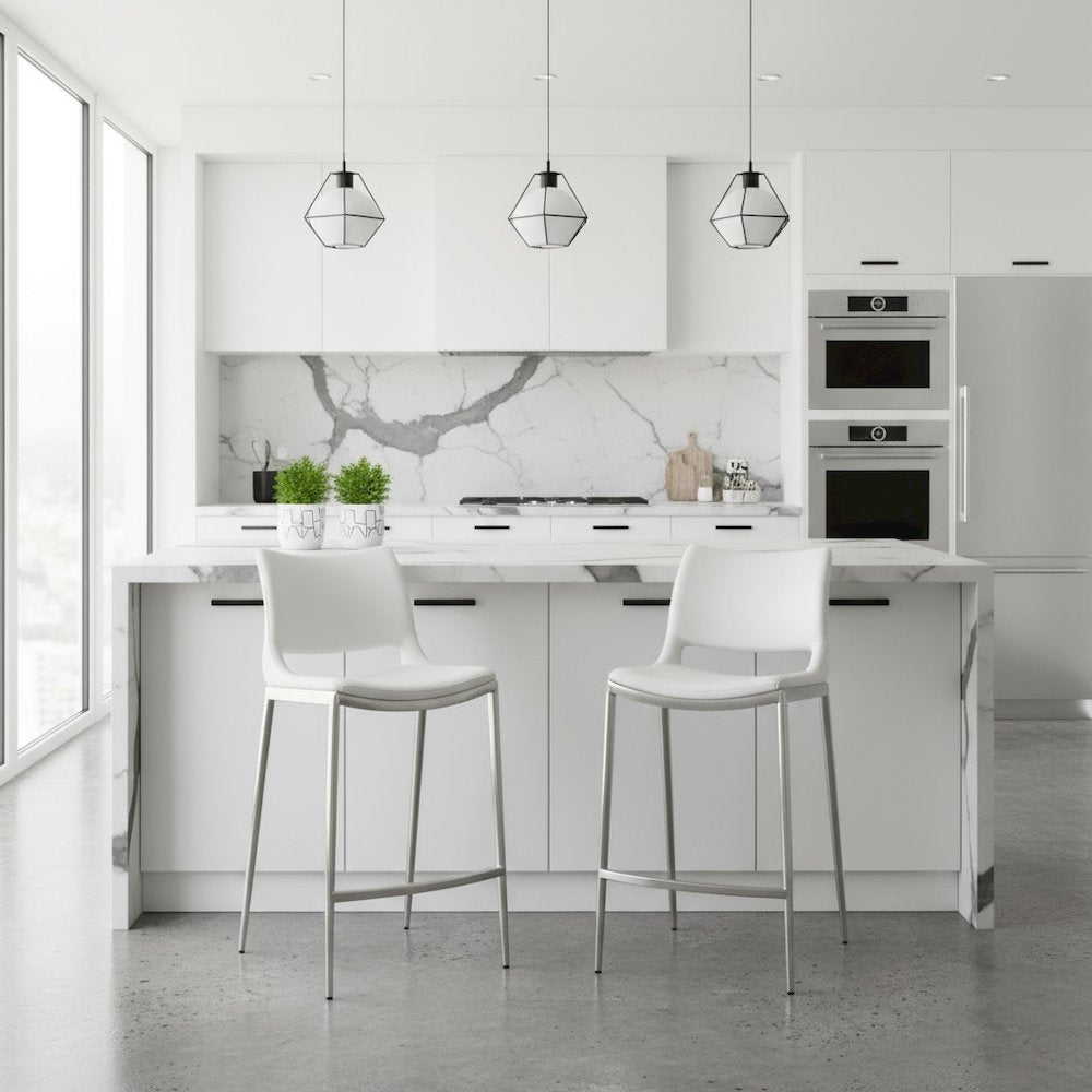 Counter Stools Set of 2, White Faux Leather, Silver Steel Legs