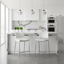 Counter Stools Set of 2, White Faux Leather, Silver Steel Legs