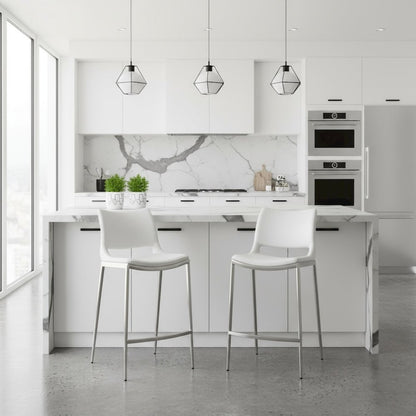 Counter Stools Set of 2, White Faux Leather, Silver Steel Legs