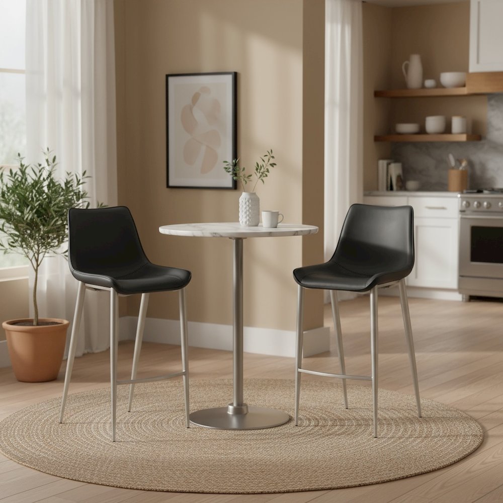 Bar Stools Set of 2, Black Faux Leather, Silver Brushed Steel