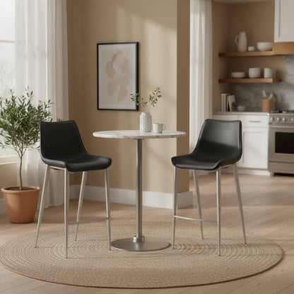 Bar Stools Set of 2, Black Faux Leather, Silver Brushed Steel