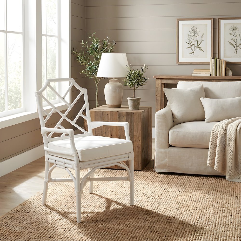 Fabric Upholstered Rattan Armchair with Chinese Chippendale Shield Back, White
