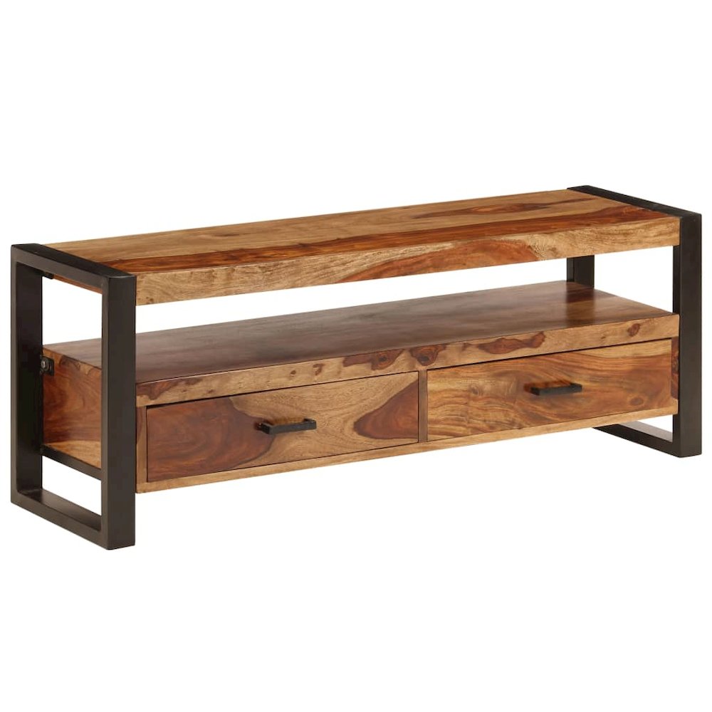 TV Cabinet Brown, Black Solid Sheesham Wood, Powder-Coated Steel