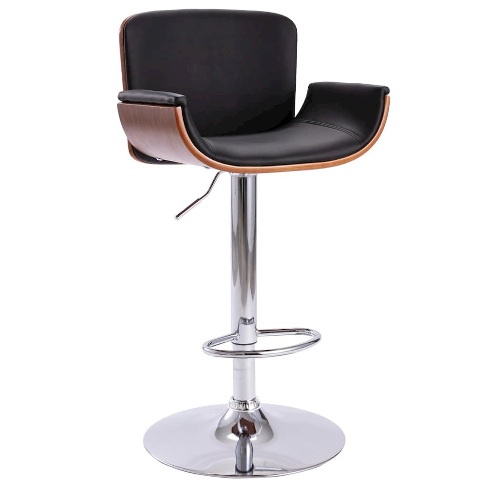 Bar Chair Black and dark brown Faux leather, bent wood, chrome metal