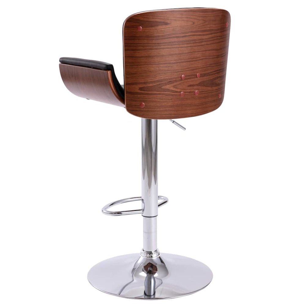 Bar Chair Black and dark brown Faux leather, bent wood, chrome metal