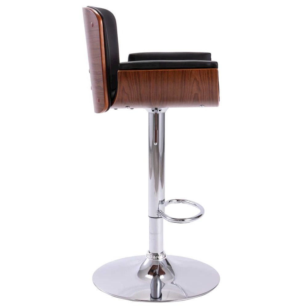 Bar Chair Black and dark brown Faux leather, bent wood, chrome metal
