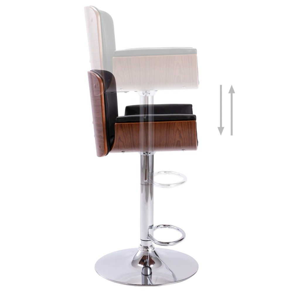 Bar Chair Black and dark brown Faux leather, bent wood, chrome metal