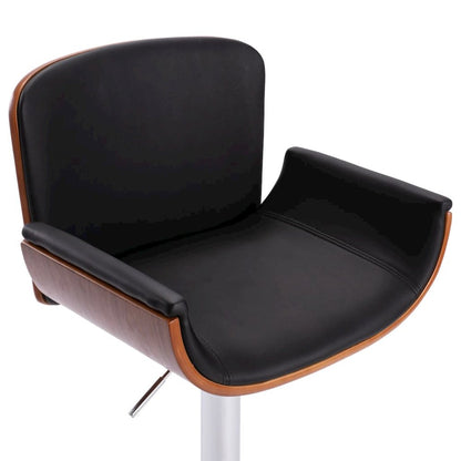 Bar Chair Black and dark brown Faux leather, bent wood, chrome metal