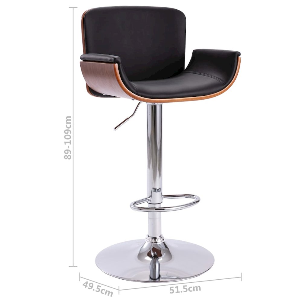 Bar Chair Black and dark brown Faux leather, bent wood, chrome metal