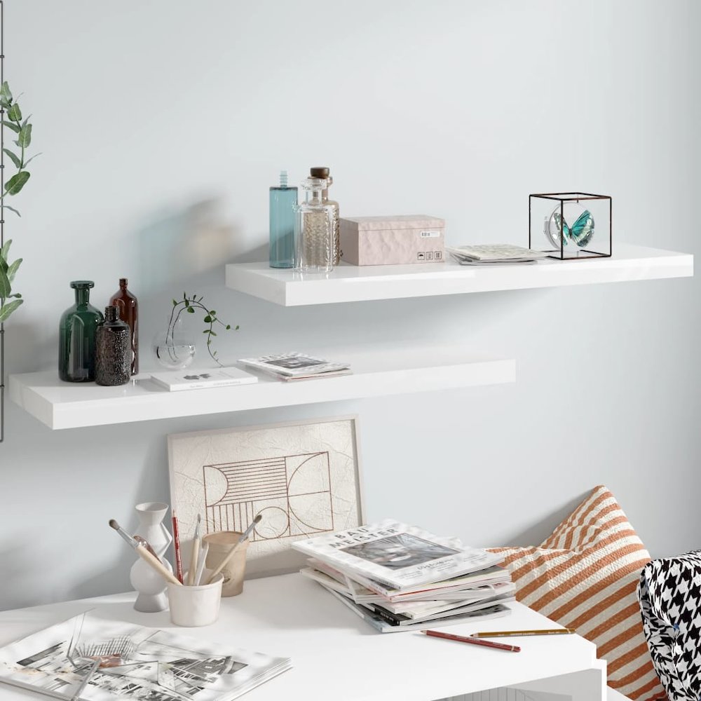 Wall Shelf Set of 2 High gloss white Honeycomb MDF, metal Medium