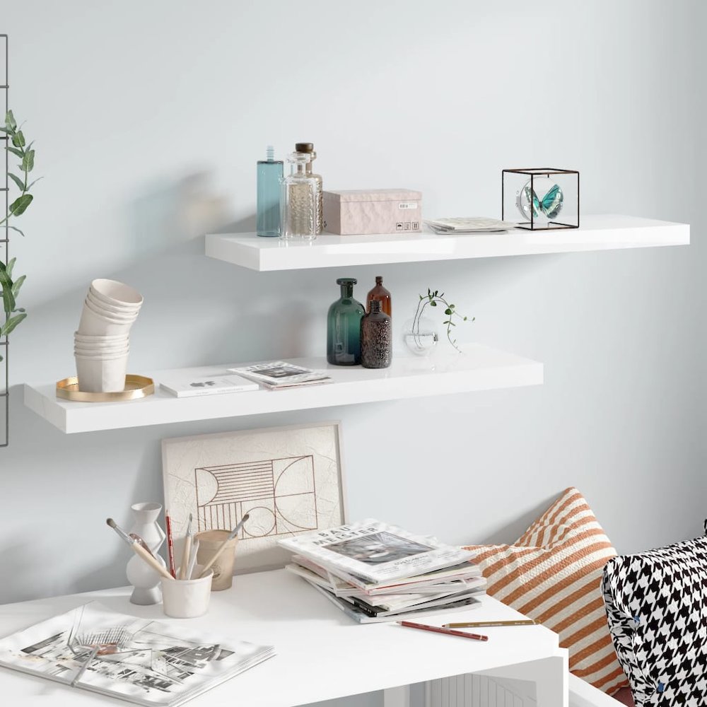 Wall Shelf Set of 2 High gloss white Honeycomb MDF, metal Small