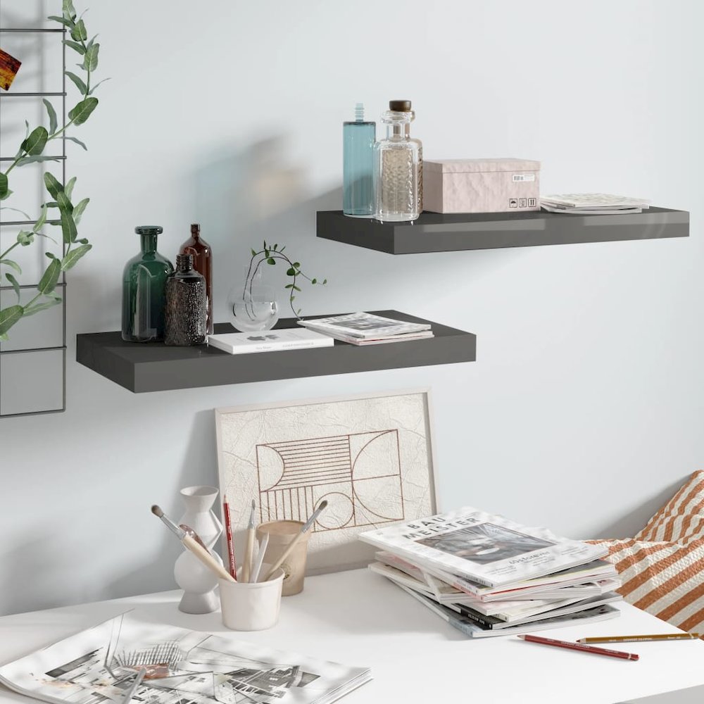 Wall Shelf Set of 2 High gloss grey Honeycomb MDF, metal
