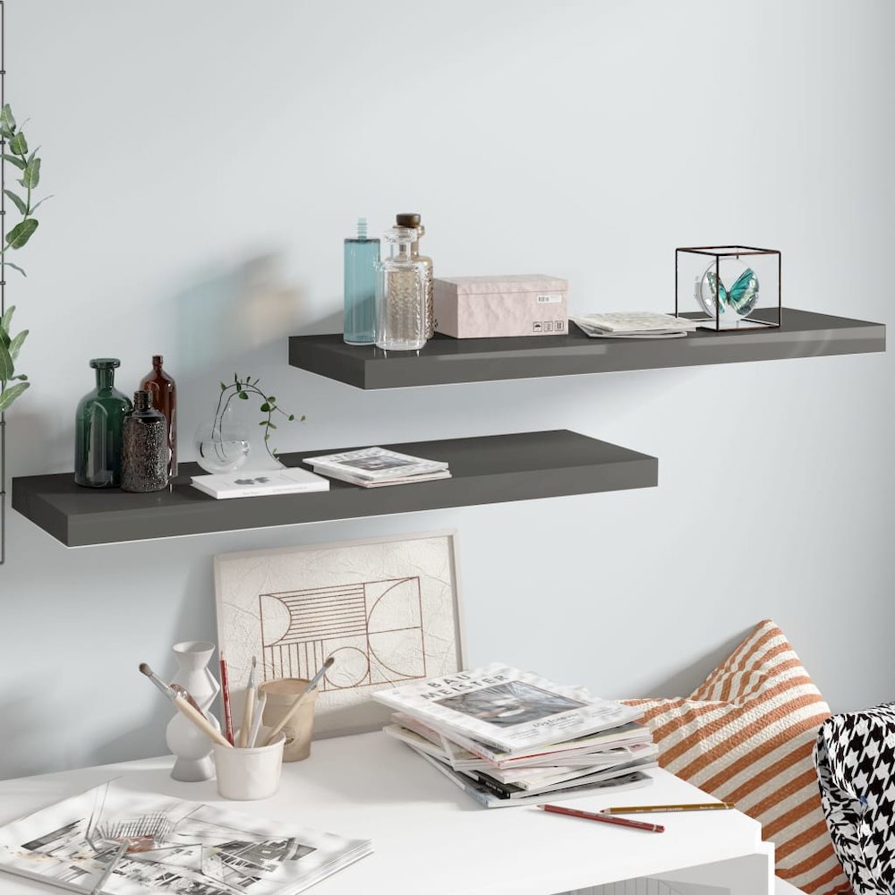Wall Shelf Set of 2 High gloss grey Honeycomb MDF, metal frame