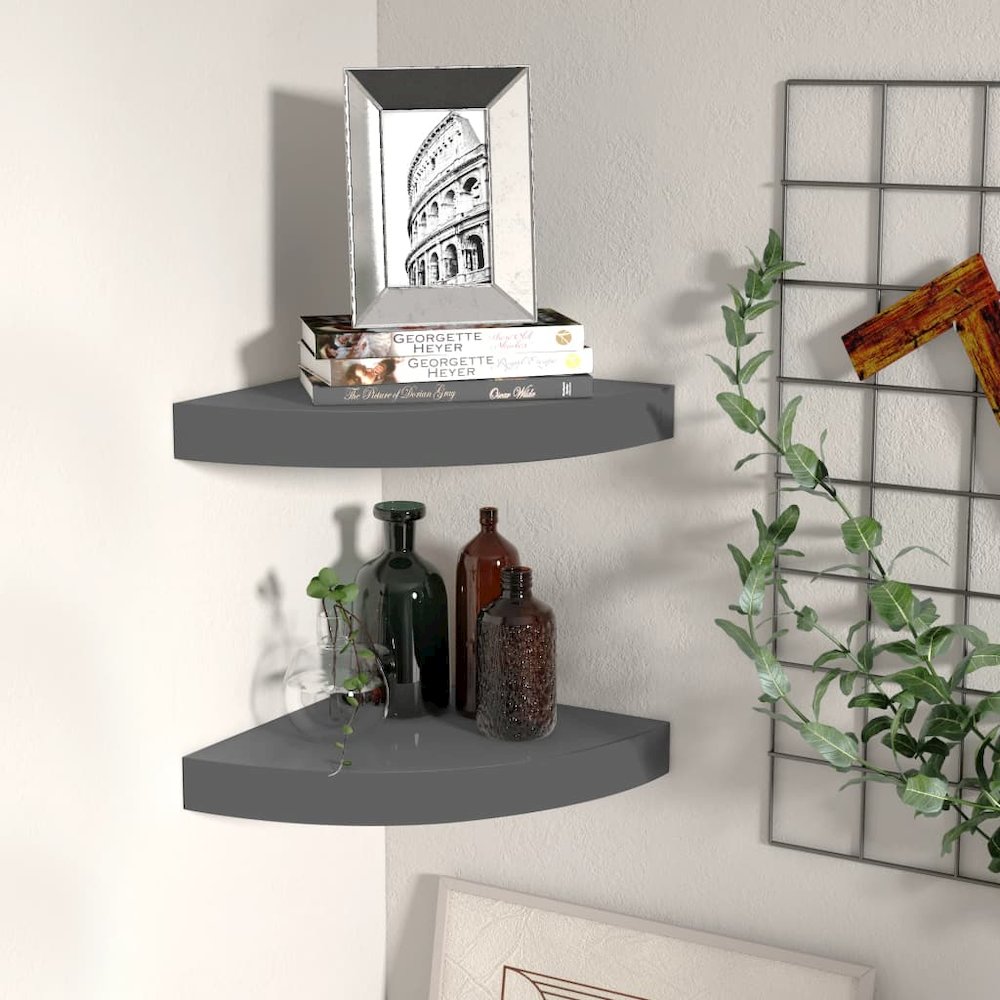 Corner Shelf Set of 2 High gloss grey Honeycomb MDF, metal Medium