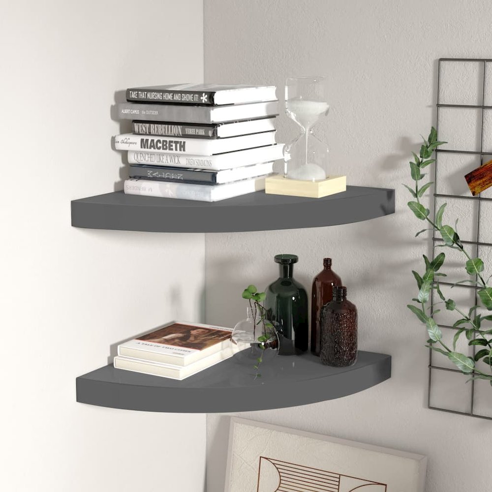 Corner Shelf Set of 2 High gloss grey Honeycomb MDF, metal