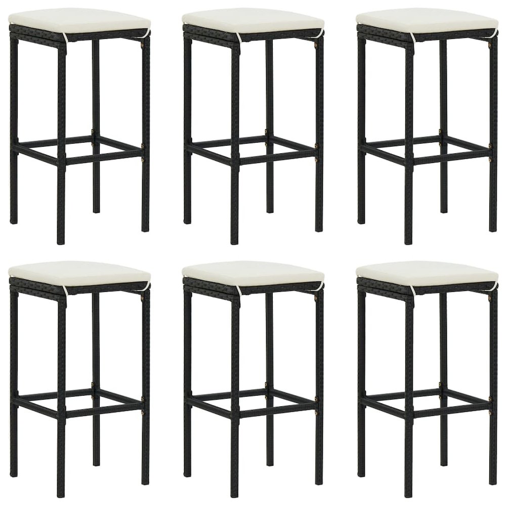Bar Stool Set of 6 Black frame with cream white cushion PE rattan