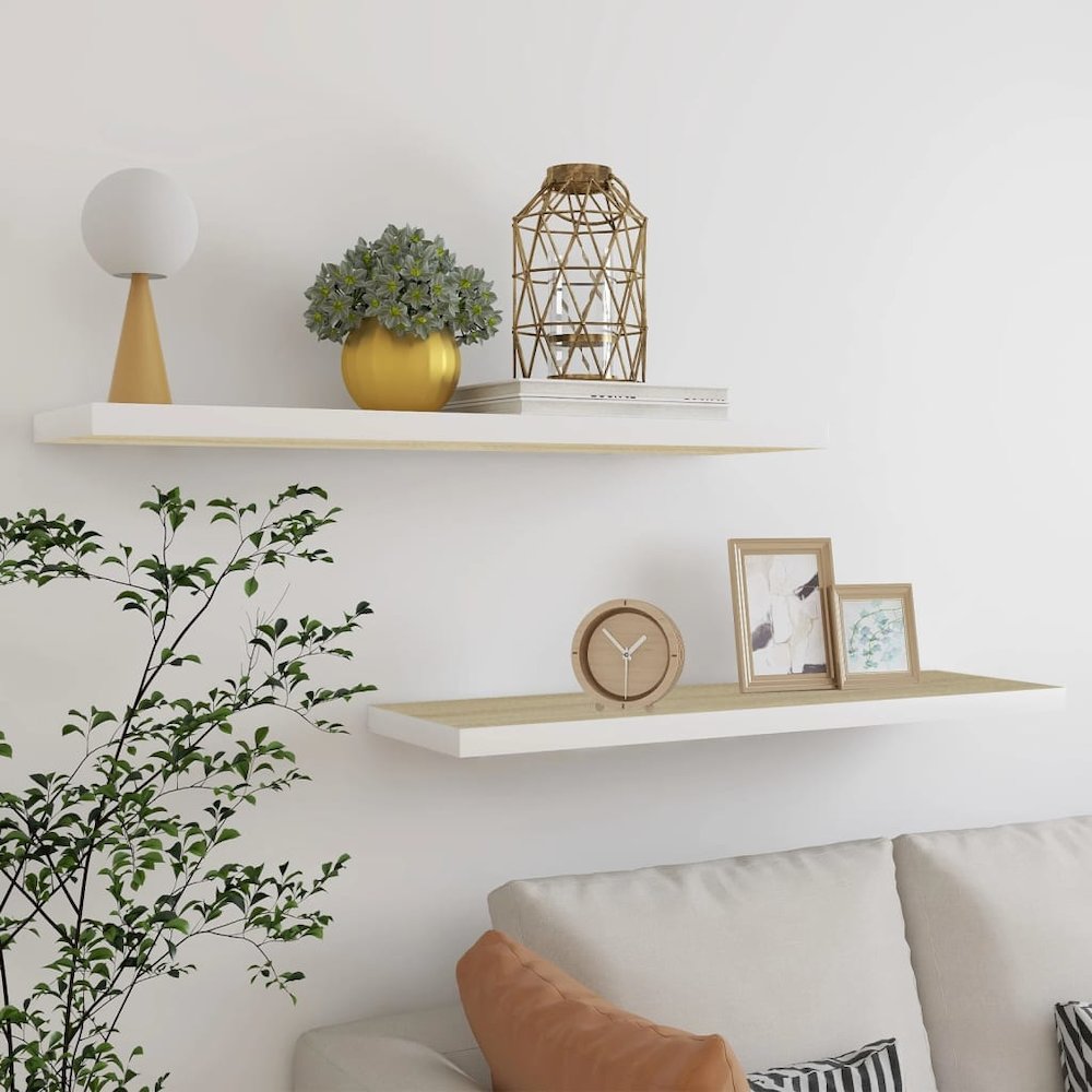 Wall Shelf Set of 2 Oak and White Honeycomb MDF, metal frame