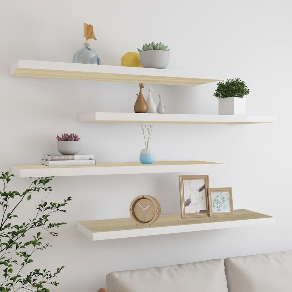 Wall Shelf Set of 4 Oak and White Honeycomb MDF, Metal Large