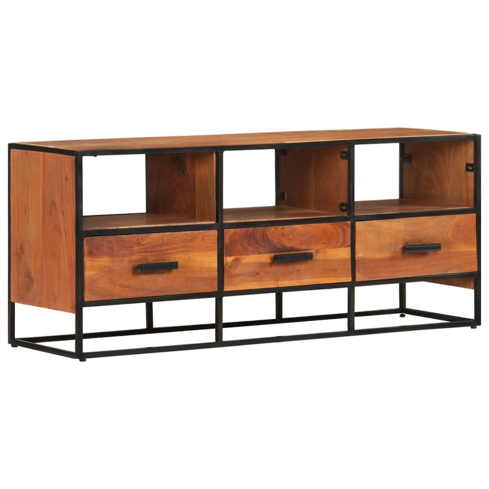 TV Cabinet Honey Brown, Black Solid Acacia Wood, Powder-Coated Iron