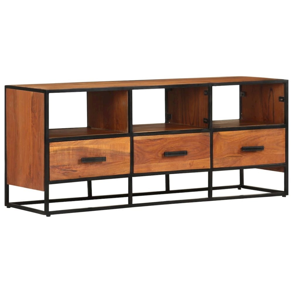 TV Cabinet Honey Brown, Black Solid Acacia Wood, Powder-Coated Iron