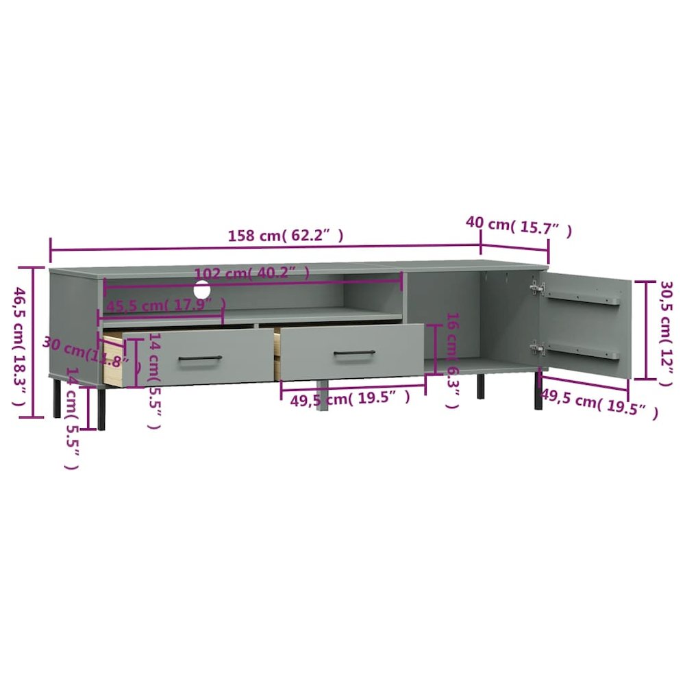 TV Cabinet Grey Solid pine wood, metal 62.2 x 15.7 x 18.3 in