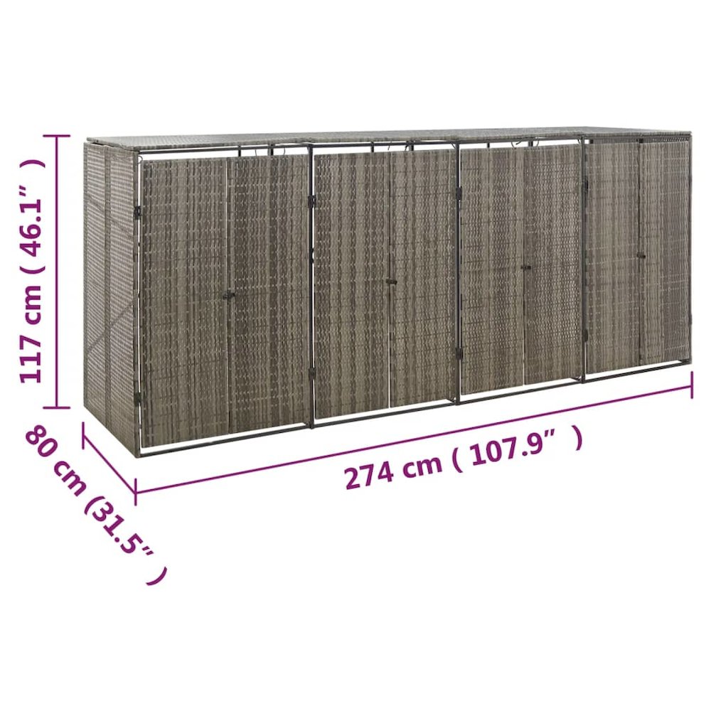 Quadruple Wheelie Bin Shed Gray 107.9"x31.5"x46.1" Poly Rattan