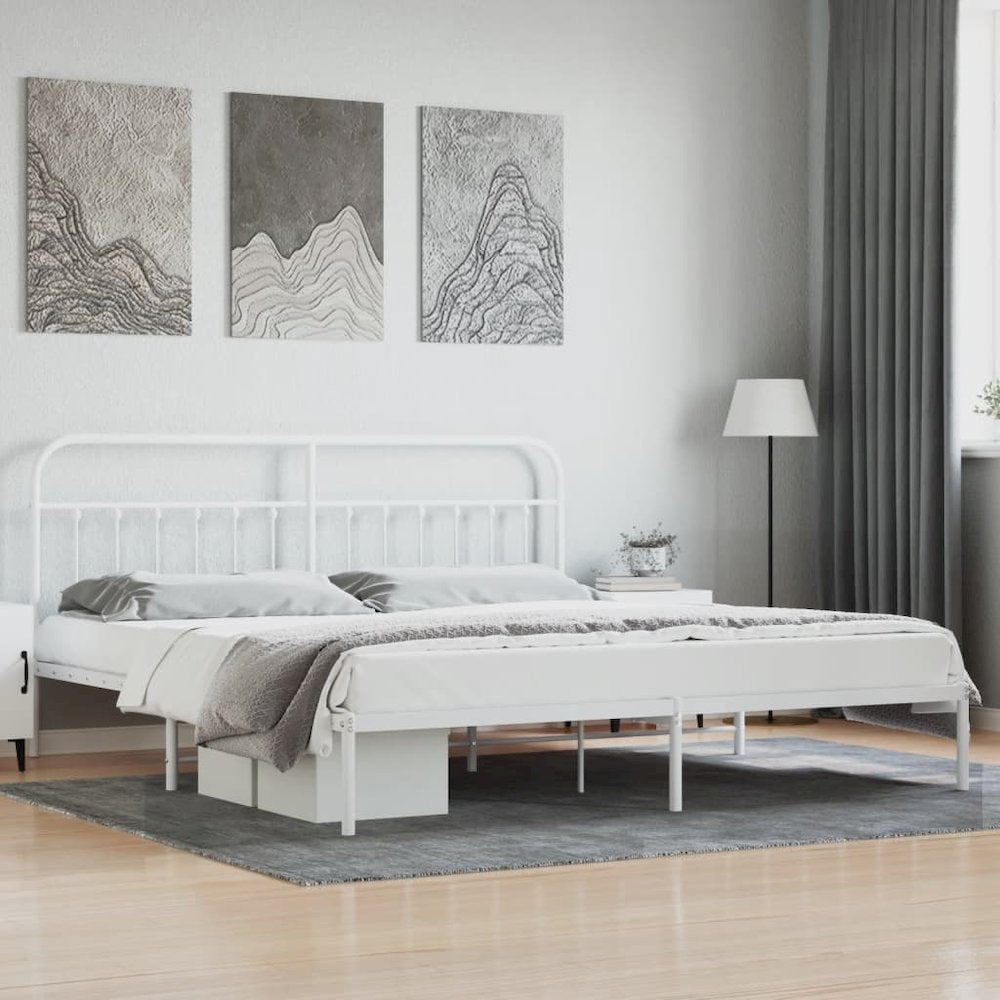 Bed Frame White Powder-Coated Steel 76 in x 80 in Industrial