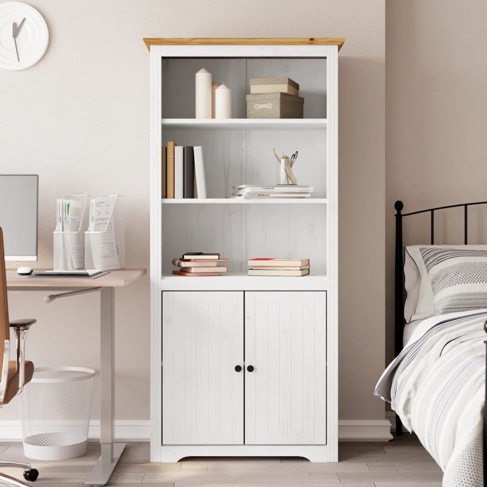 Bookcase White and Brown Solid Pine Wood, Engineered Wood, Metal