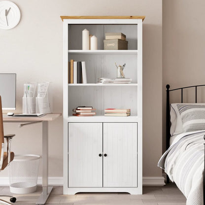 Bookcase White and Brown Solid Pine Wood, Engineered Wood, Metal