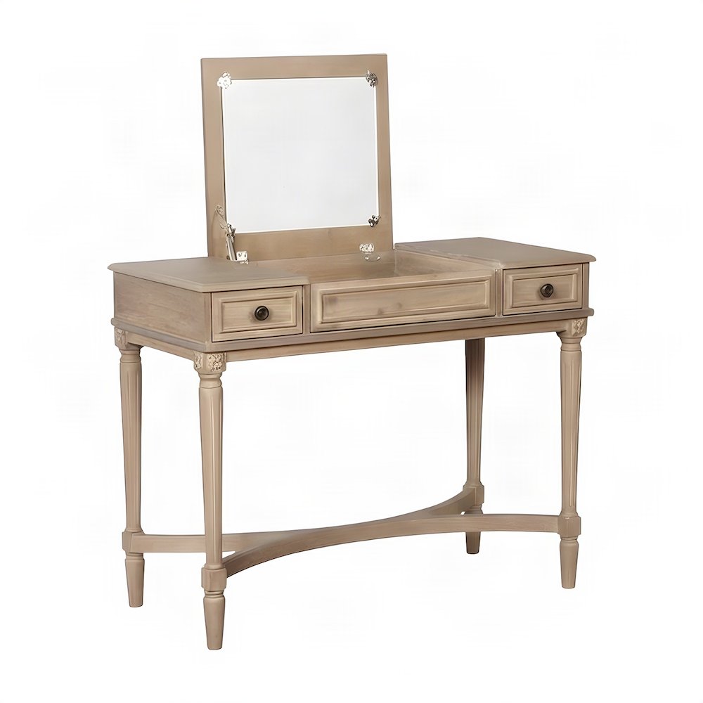 Rubberwood Bedroom Vanity with Lift-Top Storage and Padded Stool, Gray Wash