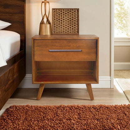 Elegant Brown Nightstand with Drawer and Open Space for Bedroom Essentials