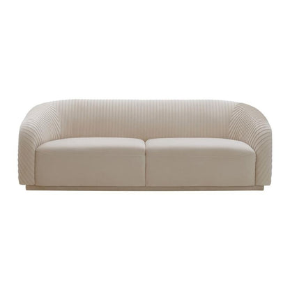Beige Velvet 3 Seater Couch With Rolled Arms And Pleated Backrest Detail