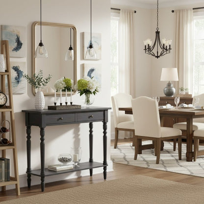 Gray Narrow Console Table – Entryway Table with 2 Drawers and Storage Shelf