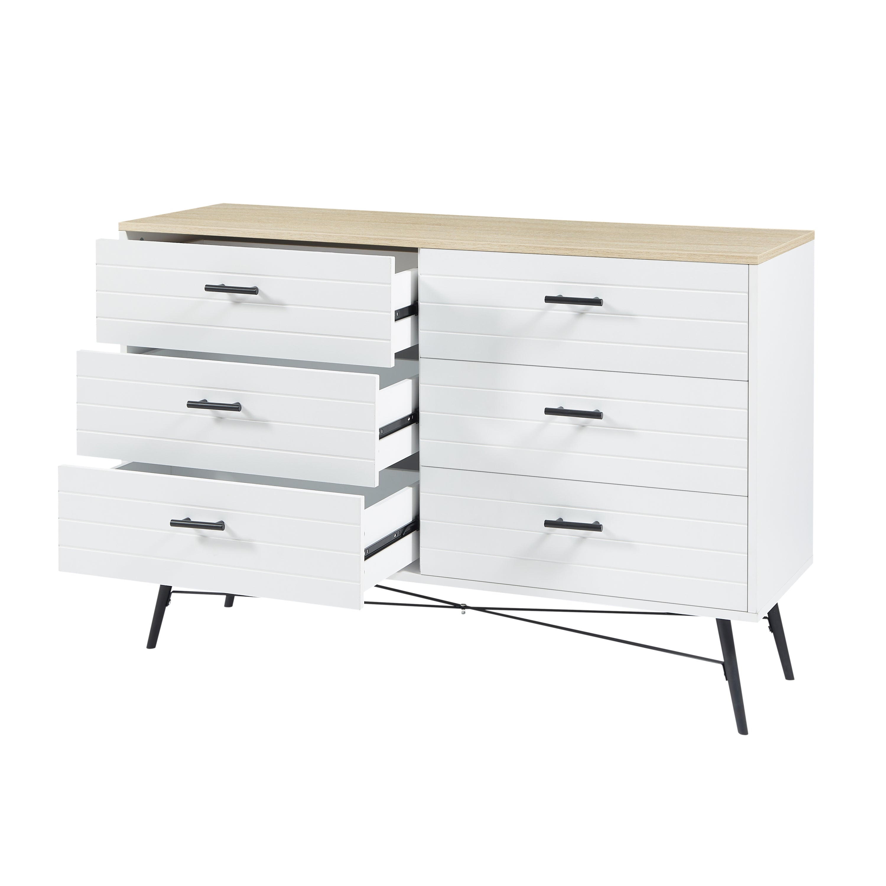 6 Drawer Dresser for Bedroom with Deep Drawers, Wood Dressers & Chest of Drawers, Modern White Long Dressers for Closet Living Room, 47.2"W x 15.7"D x 31.5"H, White & oak