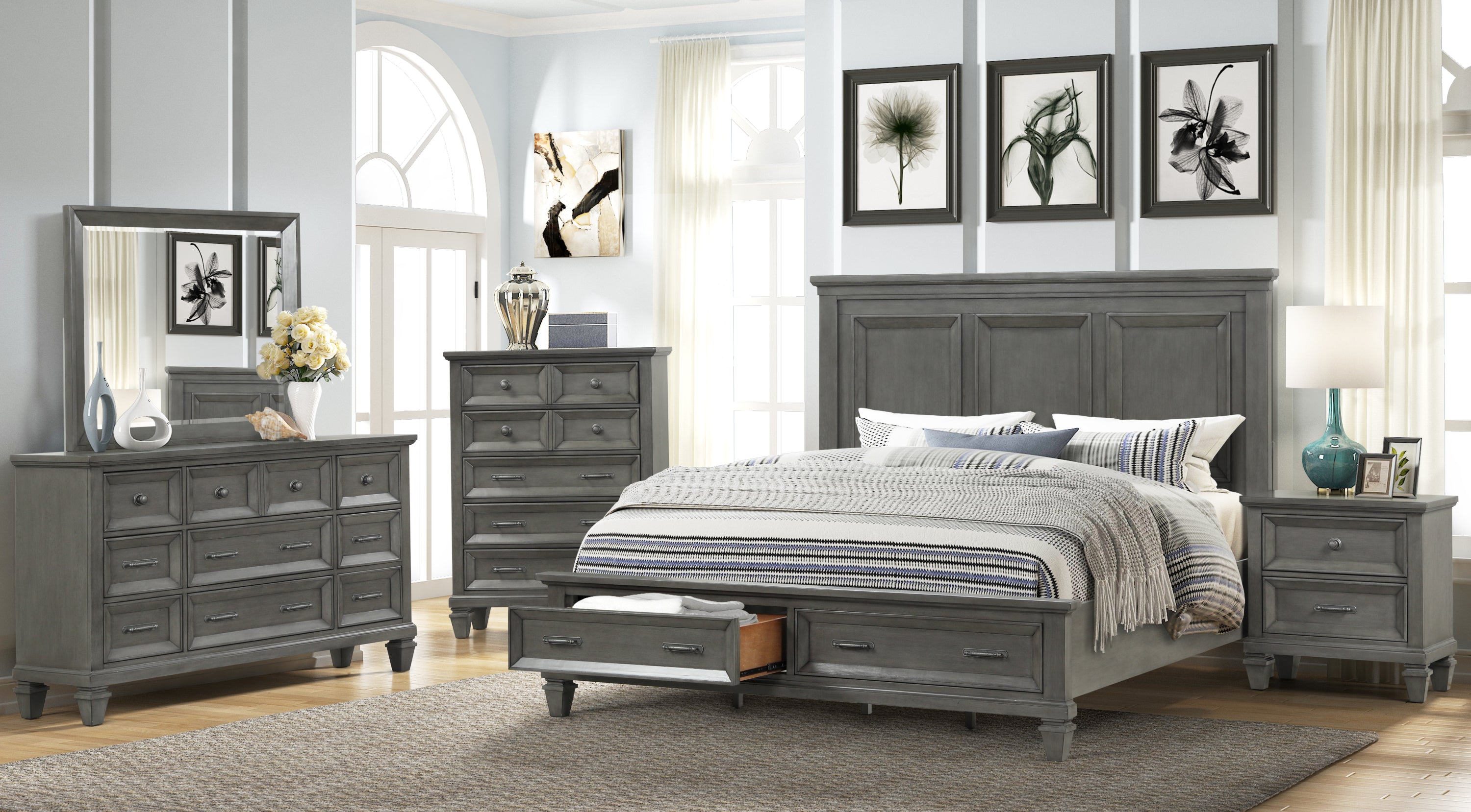 6 Piece Bedroom Sets, King Size Wood Bedroom Furniture Sets with King Size Bed, 2 Nightstands, Chest, Dresser and Mirror, Platform Bed Frame with 2 Drawers for Adults, Gray