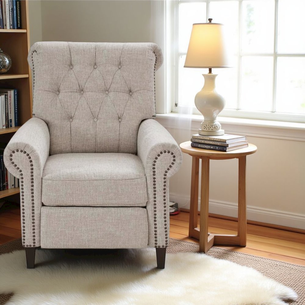 Beige Wingback Recliner Chair – Upholstered Push Back Accent Seat