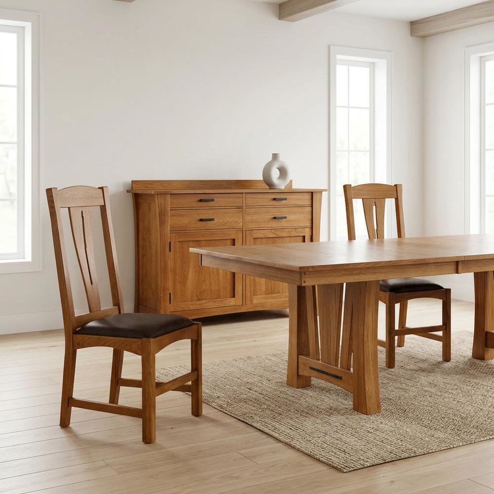 Set of 2 distressed amber wood side chairs with top grain leather seats