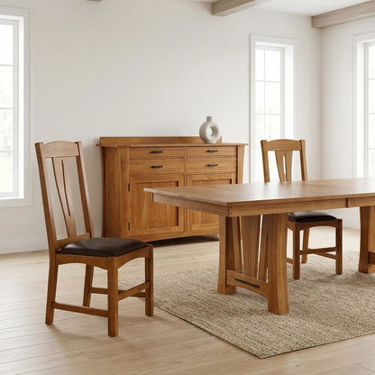 Set of 2 distressed amber wood side chairs with top grain leather seats
