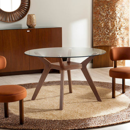 Sophisticated Round Dining Table with Clear Glass Top and Nutmeg Wood Base