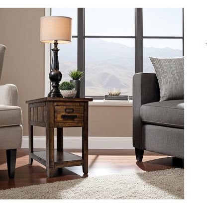 Gray One Drawer Chairside Table with Acacia and Veneer for Industrial Style